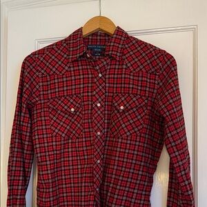 Classic Ralph Lauren Women's Red and Black Plaid Button Down Shirt